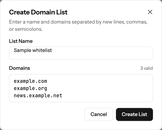 Create Domain List dialog with a list name and sample domains