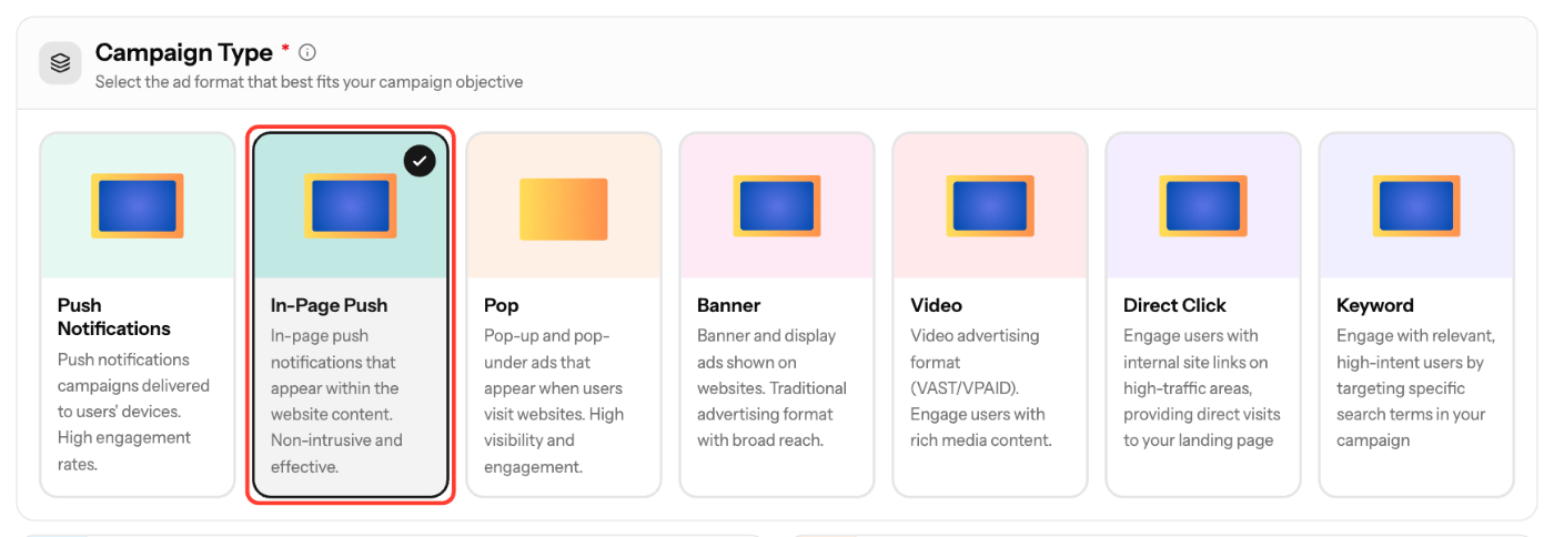 «Создать кампанию», шаг «Основная информация» с выбранным типом In-Page Push