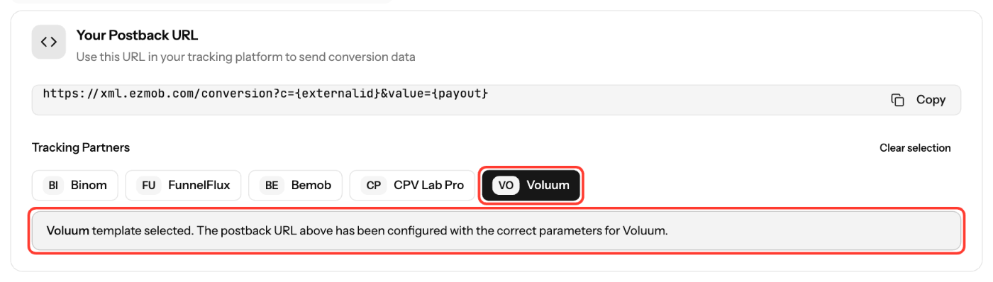 转化跟踪页面，在“跟踪合作伙伴”下已选择 Voluum