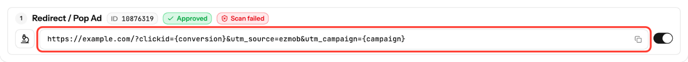 Campaign creative, Destination URL field passing clickid={conversion}
