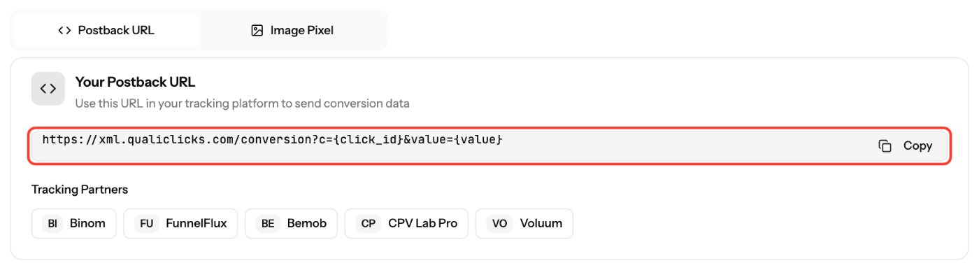 Conversion Tracking page, Postback URL tab, with Your Postback URL and the Copy button highlighted