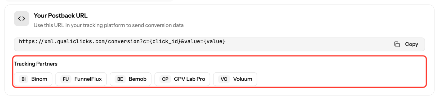 Tracking Partners buttons below the postback URL