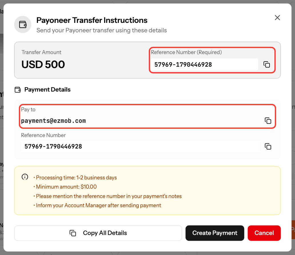 Payoneer 转账说明对话框，显示收款地址（Pay to）和参考号码