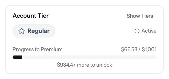 Funds page, Account Tier section with progress to the next tier