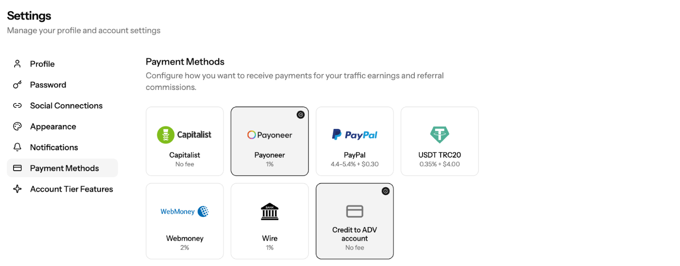 Settings → Payment Methods with the method cards and fees