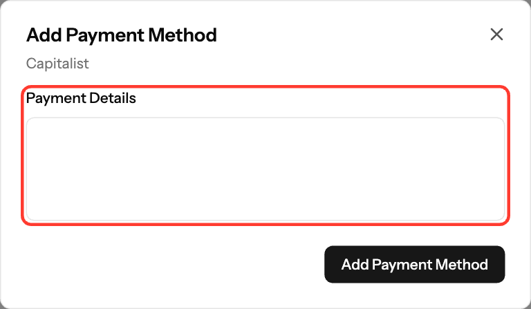 Add Payment Method dialog with the Payment Details field highlighted